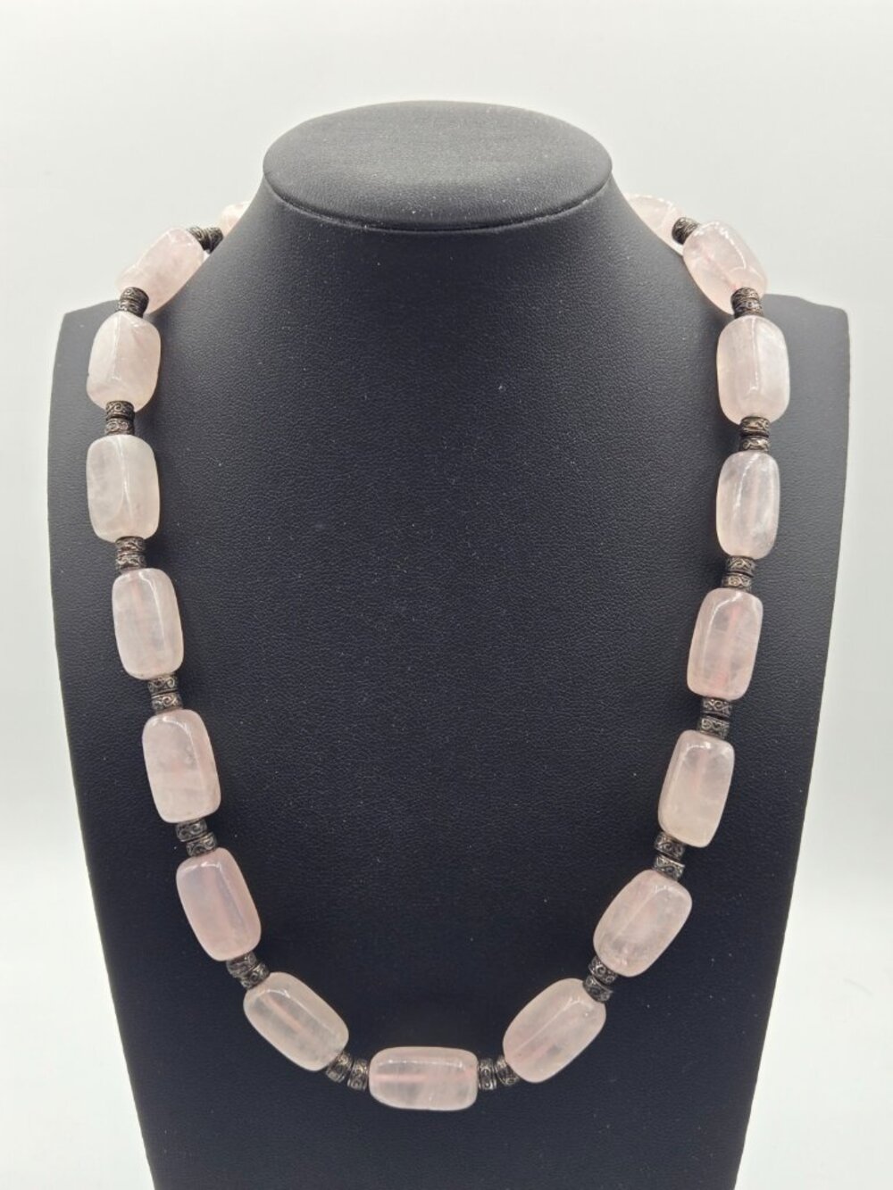 D'Joy Rich Pink Rose Quartz Necklace Rectangle Beads 102 grams Stainless Steel